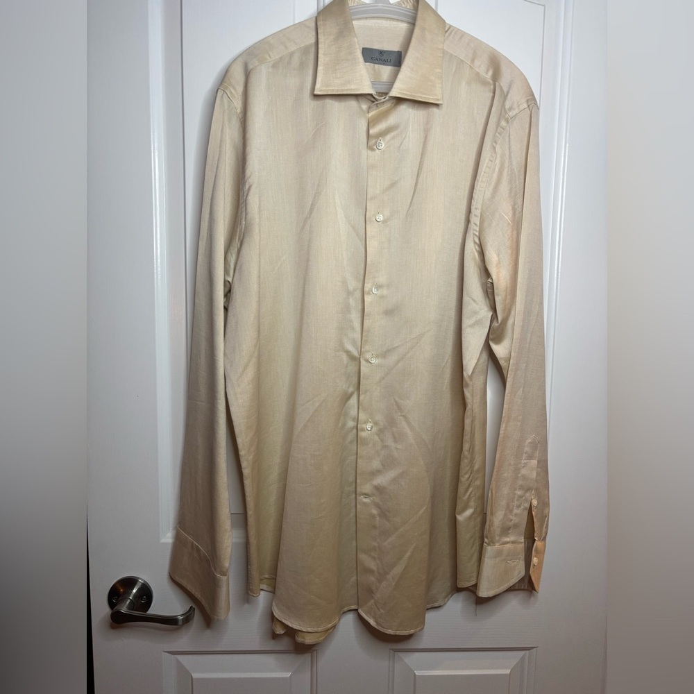 EUC CANALI Men's light beige cotton and linen Dress Shirt size 44 17.5. Italian